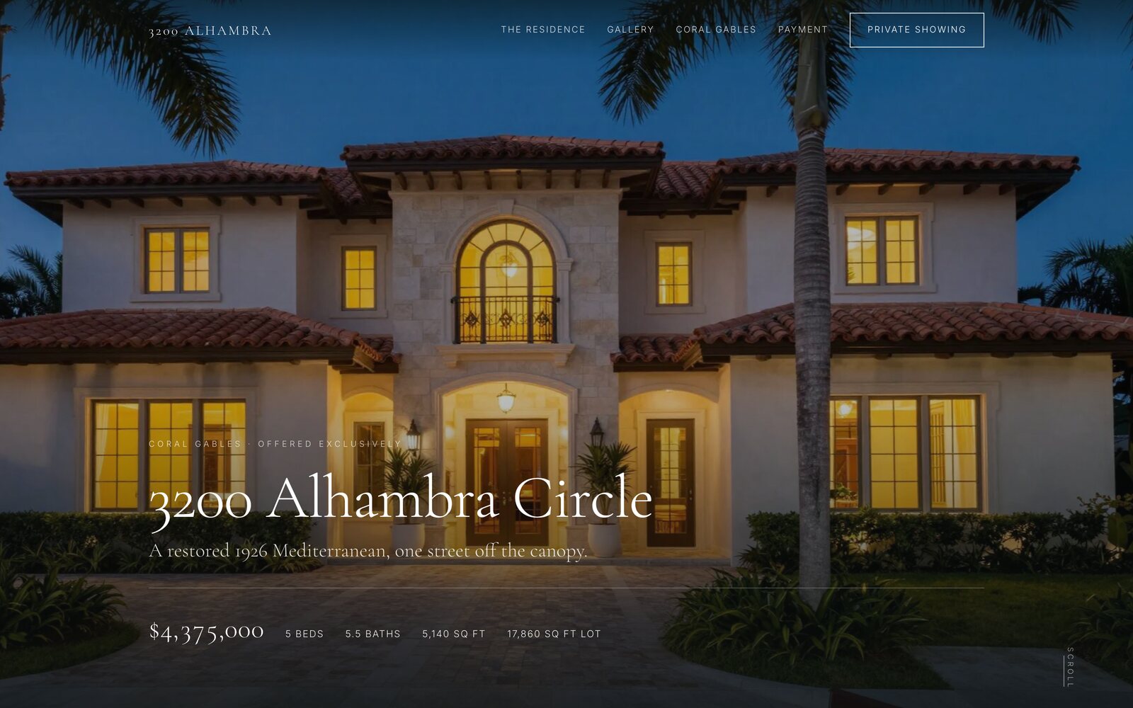 Homepage of the 3200 Alhambra Circle listing website: a lit Mediterranean estate at dusk with the price and specifications set over the photograph.