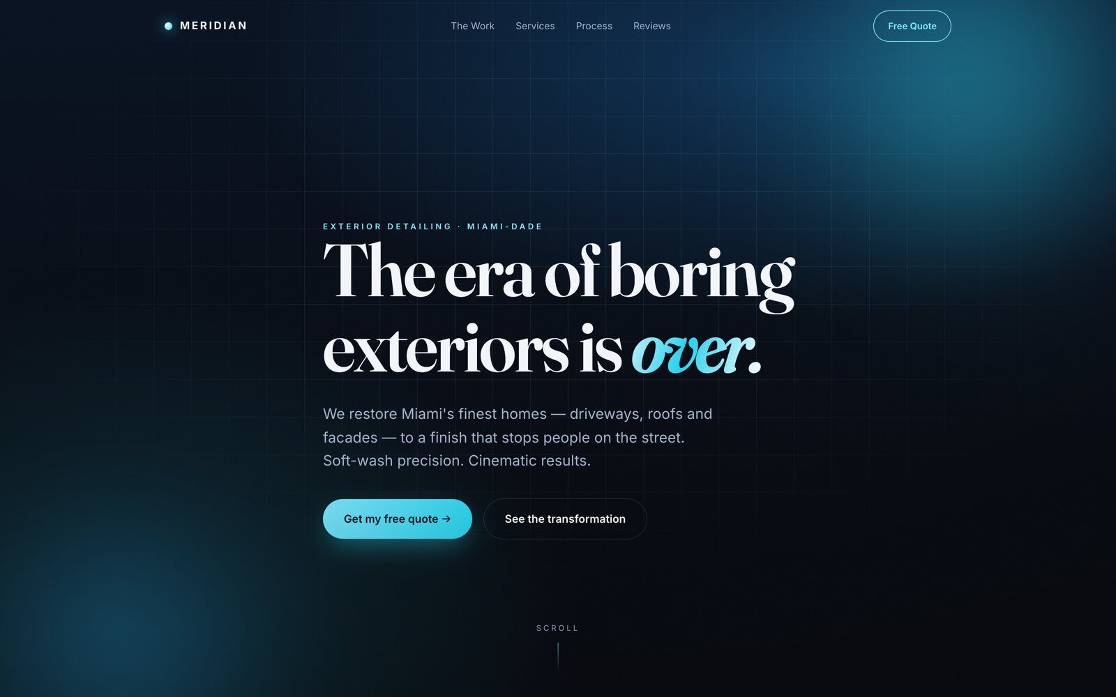 Homepage of the Meridian exterior detailing website: a dark cinematic hero with a large serif headline and a glowing quote button.
