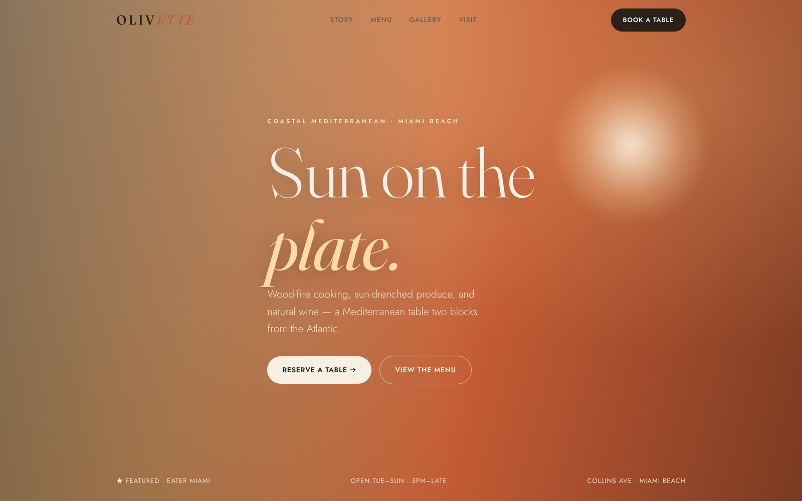Homepage of the Olivette restaurant website: a warm terracotta gradient with a serif headline reading Sun on the plate.